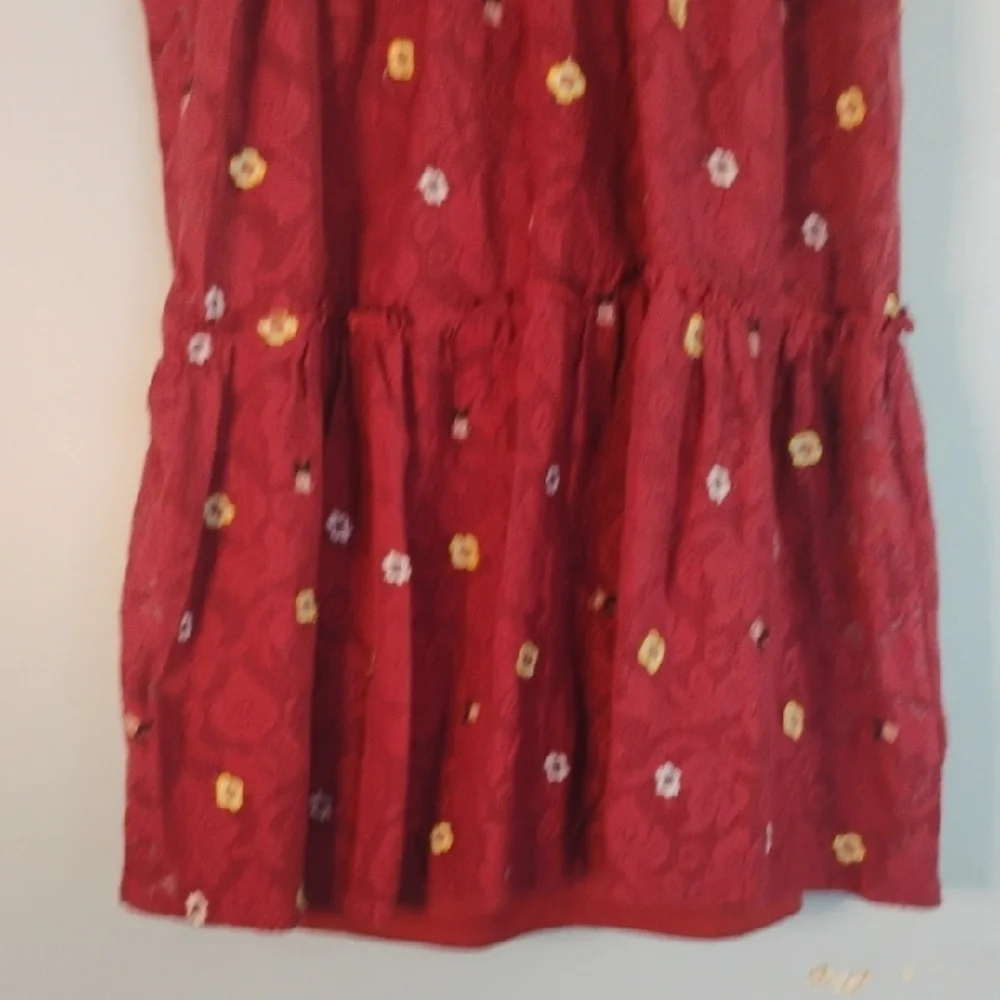 Mi ami Red Sleeveless Ruffled Crew Neck Floral Embroidered Sleeveless Sundress S
